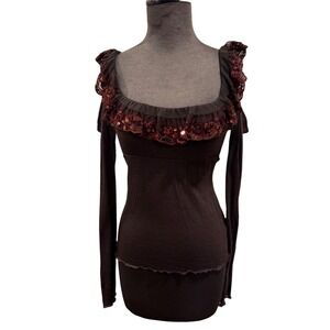 Kosmika Brown Sequin EURO Ruffle Cold Shoulder Long Sleeve Top Made in Italy